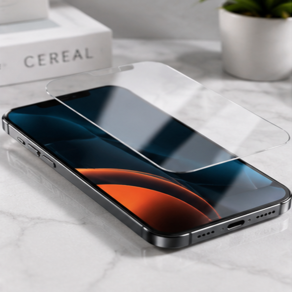 A clear tempered glass screen protector is shown hovering over a black smartphone on a light marble surface, with a white box and small plant in the background.