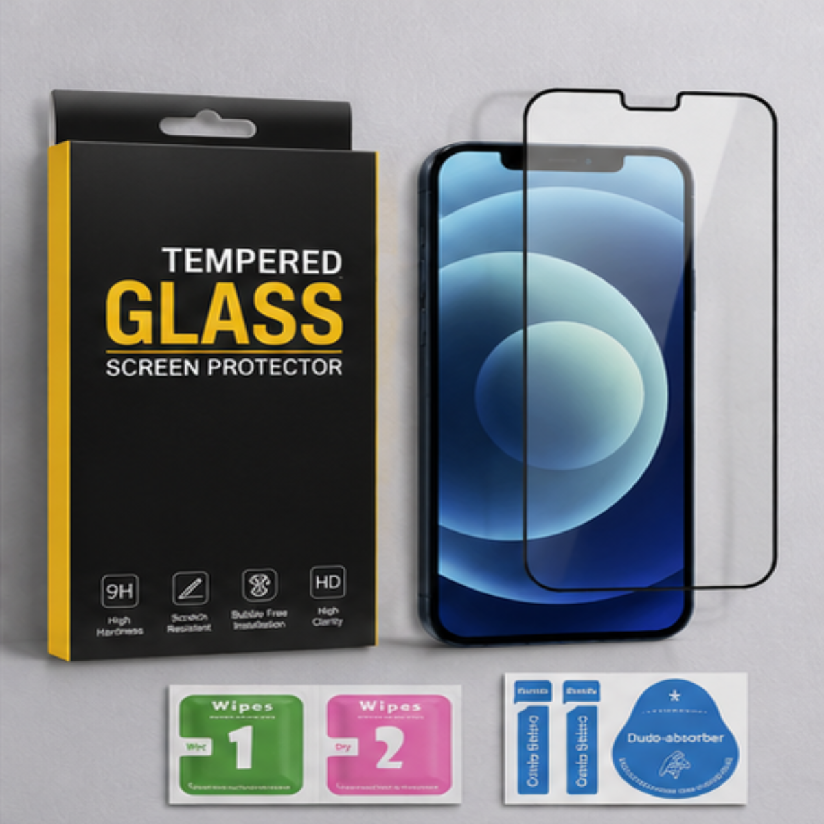 Tempered glass screen protector set shown with its retail box, a smartphone displaying the protector outline, and three included installation wipes on a light gray background.