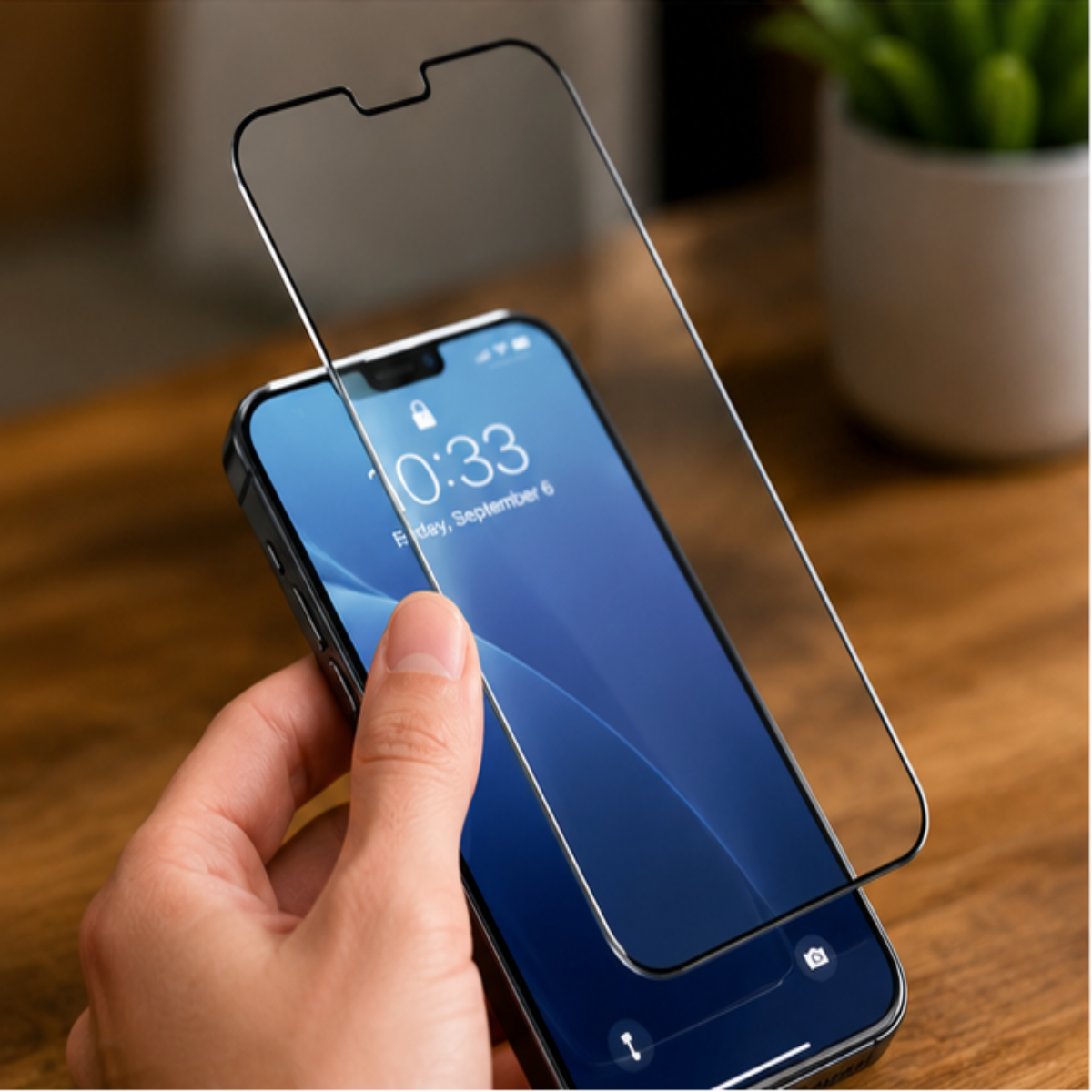 A hand holds a clear tempered glass screen protector over a smartphone on a wooden table, with a blurred indoor background and a small potted plant.