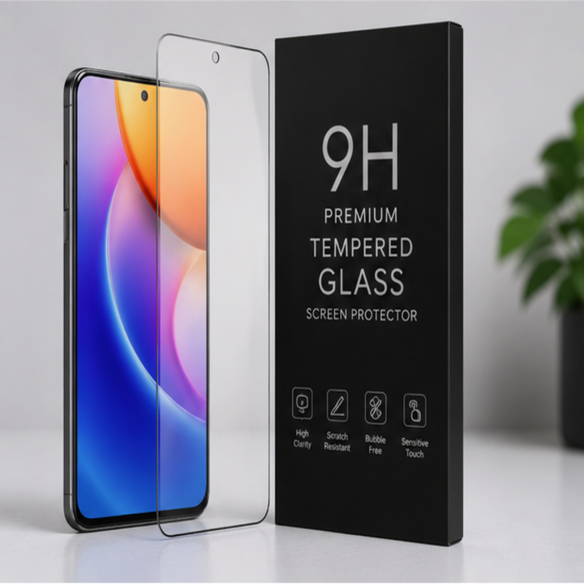 A clear tempered glass screen protector shown partially detached from a smartphone, next to its black retail box labeled '9H Premium Tempered Glass Screen Protector' on a light gray background.